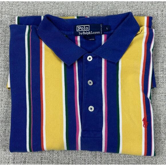 Polo Ralph Lauren Shirt Sz L Blue Yellow Striped Classic Polo Short Sleeve 90s - Picture 12 of 12